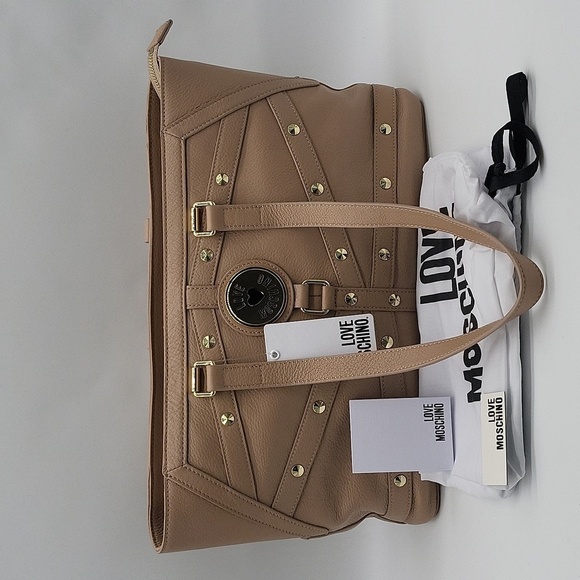 1496- LOVE MOSCHINO Milano Bag Nat Grain Leather Taupe Genuine Leather NWT - Picture 3 of 12